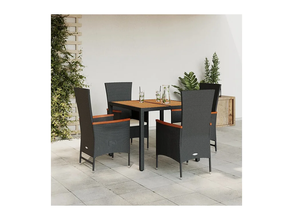 Ensemble à manger de jardin coussins 5 pièces Noir Résine tressée