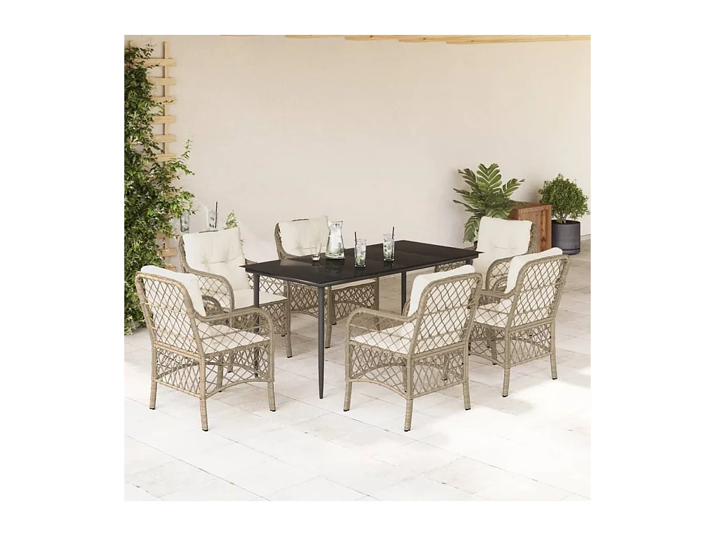 7 peças conjunto de jantar p/ jardim com almofadões vime PE bege