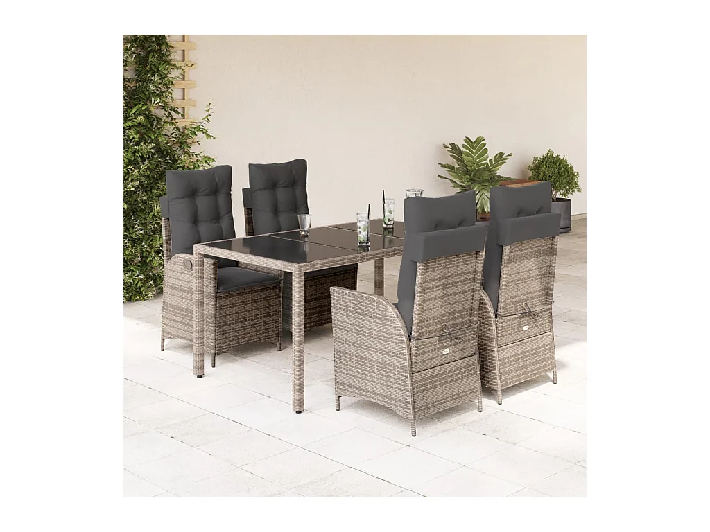 Ensemble à manger de jardin 5 pièces coussins gris résine tressée