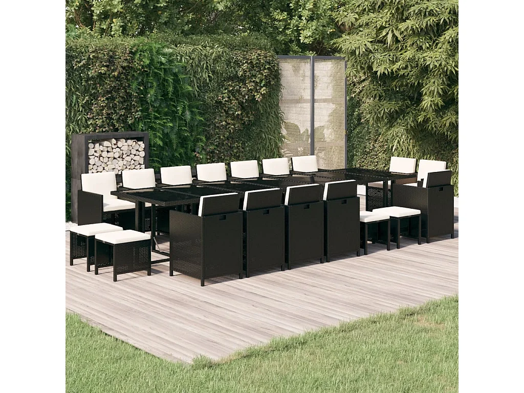 19 peças conjunto jantar p/ jardim c/ almofadões vime PE preto