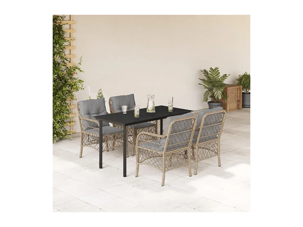 Ensemble à manger de jardin coussins 5 pièces mélange beige rotin