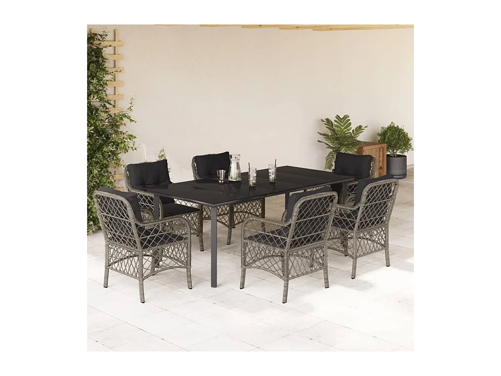 Ensemble à manger de jardin et coussins 7 pièces gris rotin