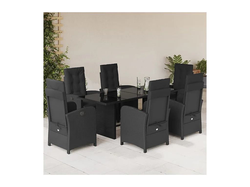 7 peças conjunto de jantar p/ jardim c/ almofadões vime PE preto