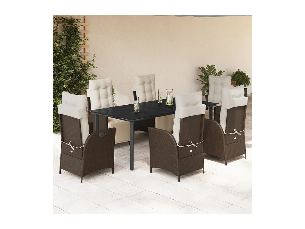 Ensemble à manger de jardin et coussins 7 pièces marron rotin