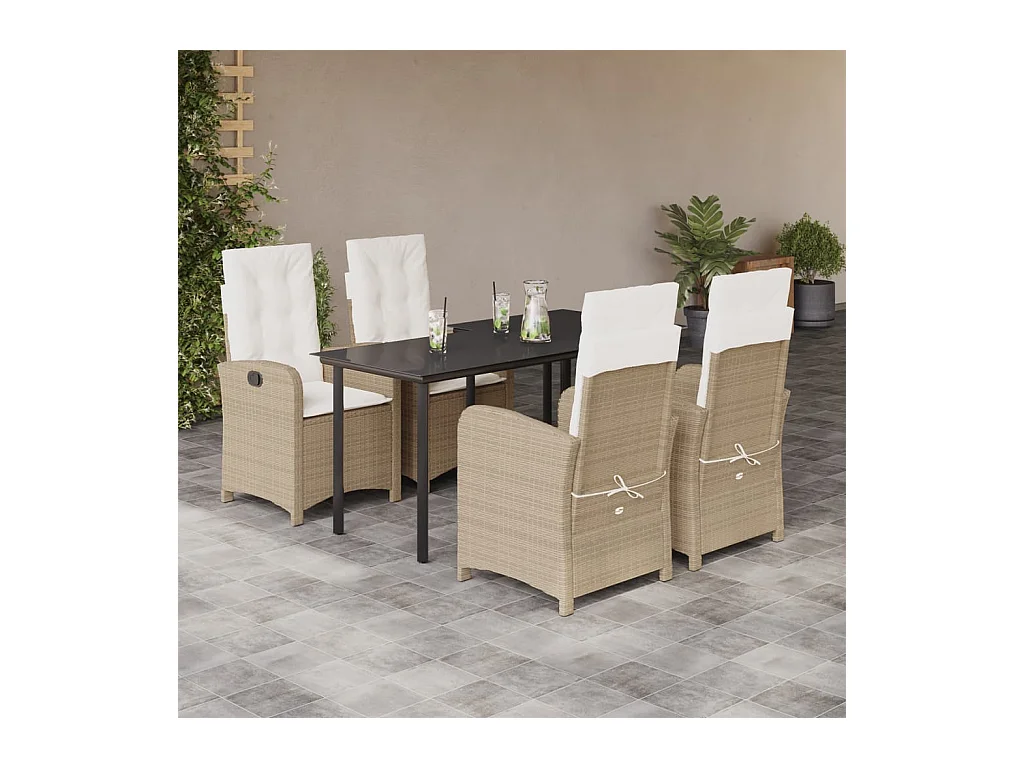 Ensemble à manger de jardin avec coussins 5 pièces Beige poly rotin