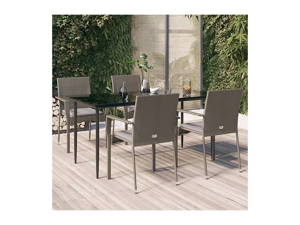 5-delige Tuinset met kussens poly rattan zwart en grijs