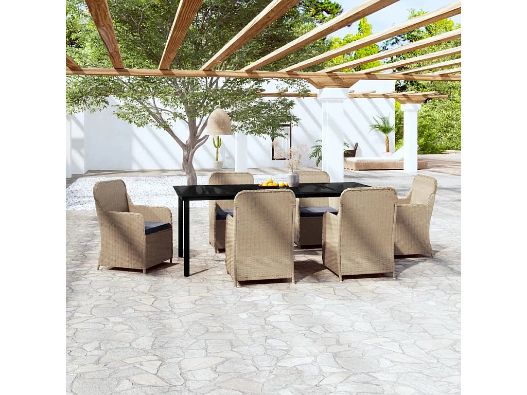 Mobilier de salle à manger de jardin et coussins 7 pièces Marron
