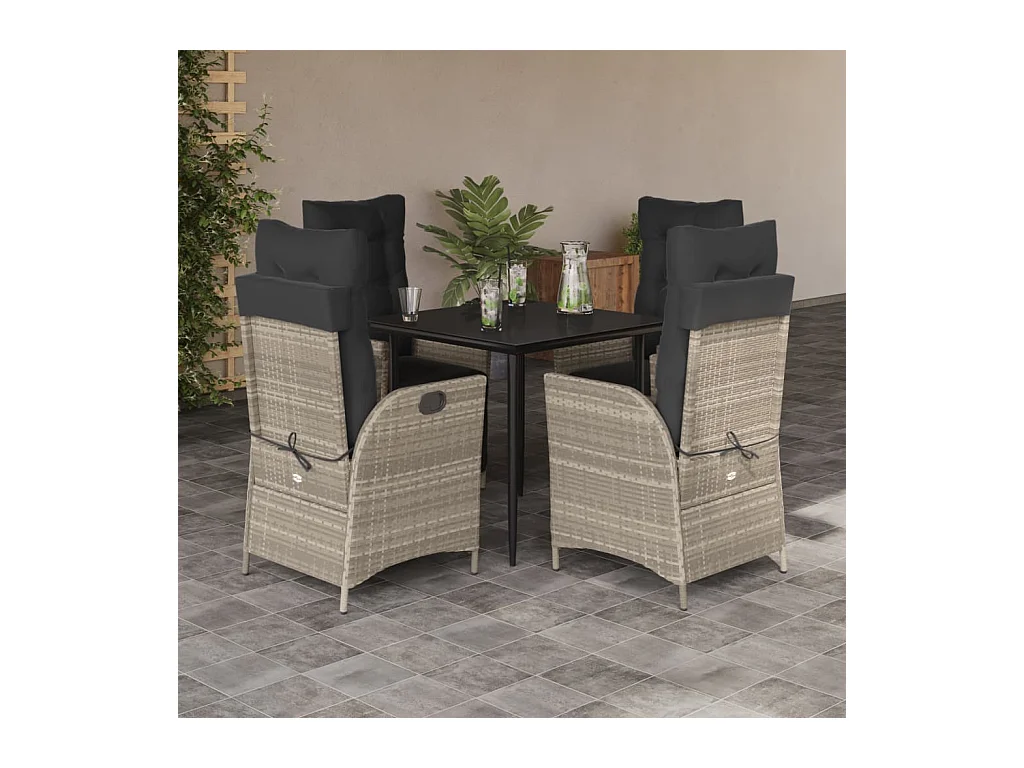 Ensemble à manger de jardin et coussins 5 pièces gris clair rotin