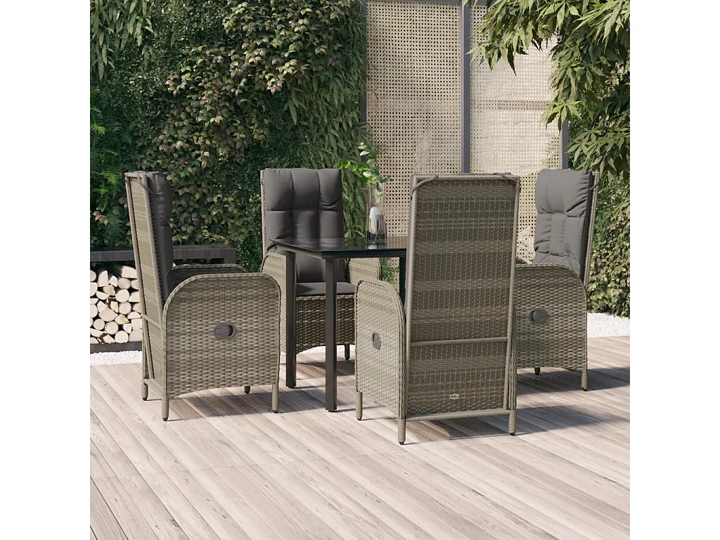 5 peças conjunto jantar jardim c/ almofadões vime PE preto/cinza