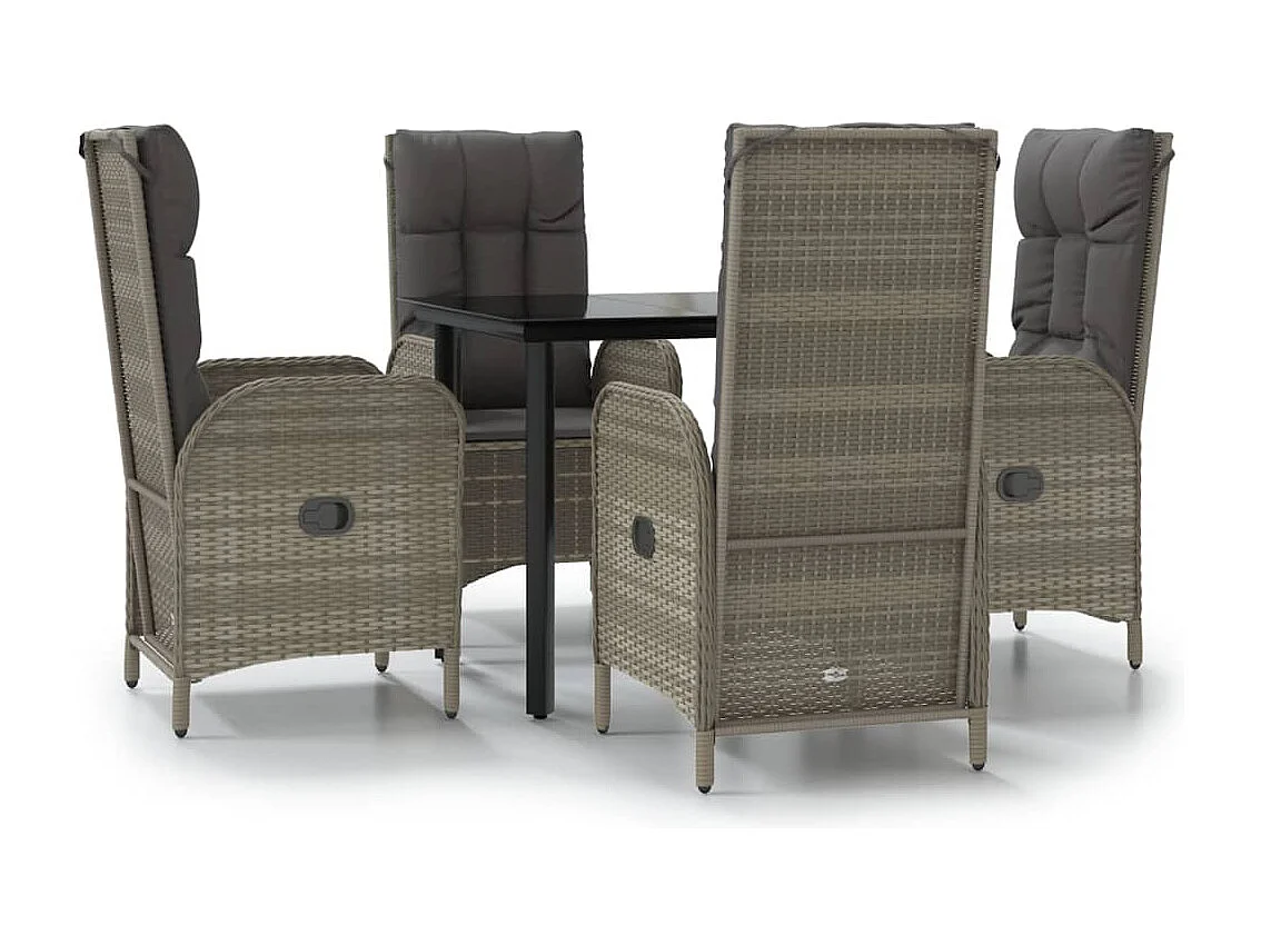 5 peças conjunto jantar jardim c/ almofadões vime PE preto/cinza