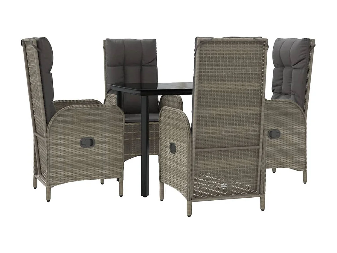 5 peças conjunto jantar jardim c/ almofadões vime PE preto/cinza