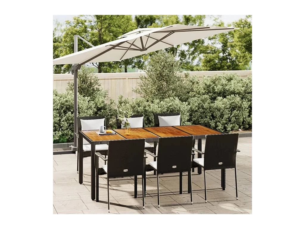 Set de comedor de jardín 7 piezas y cojines ratán sintético negro