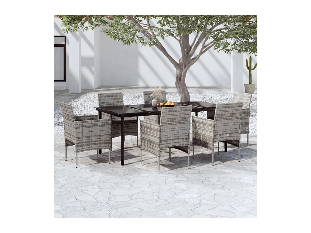 7 peças conjunto de jantar p/ jardim c/ almofadões cinza e preto