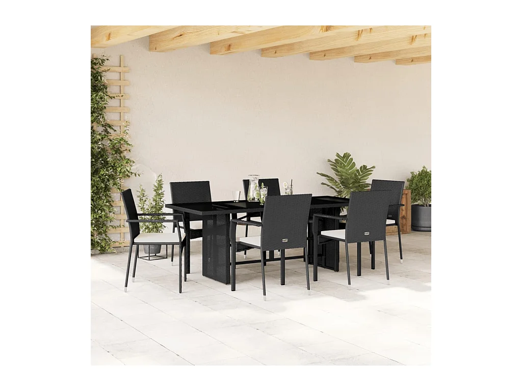Ensemble à manger de jardin coussins 7 pièces Noir Résine tressée