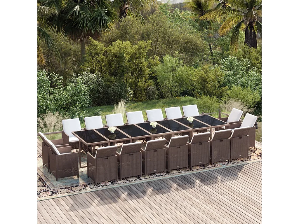 Ensemble à dîner de jardin coussins 19 pièces Résine tressée Marron