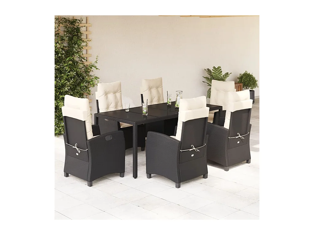 Set de comedor de jardín 7 piezas y cojines ratán sintético negro