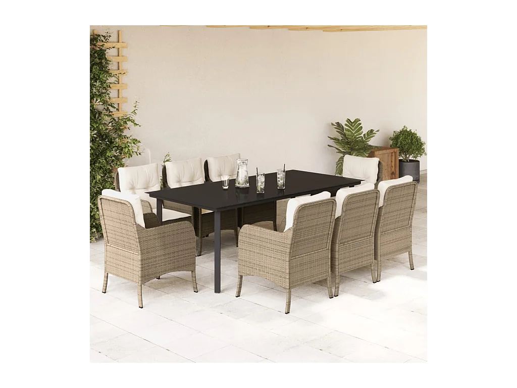 Ensemble à manger de jardin et coussins 9 pièces beige Poly rotin