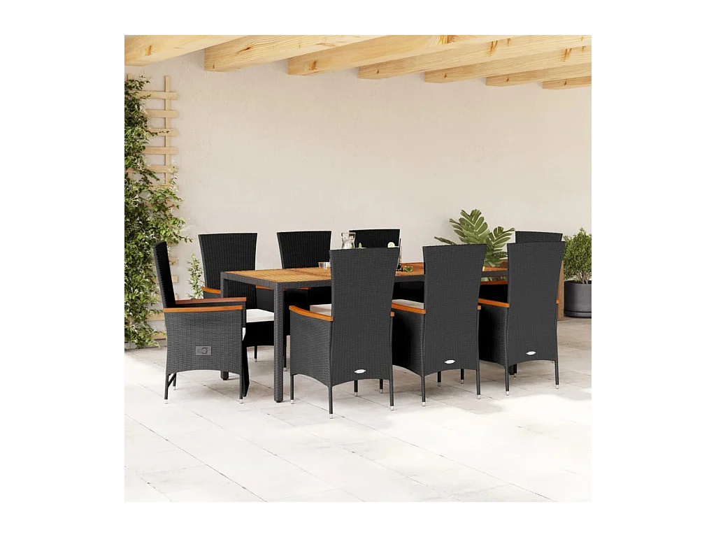 Ensemble à manger de jardin 9 pièces coussins noir résine tressée