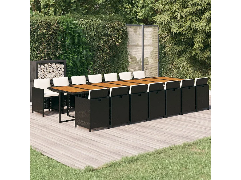 Set de comedor jardín 15 piezas con cojines ratán sintético negro