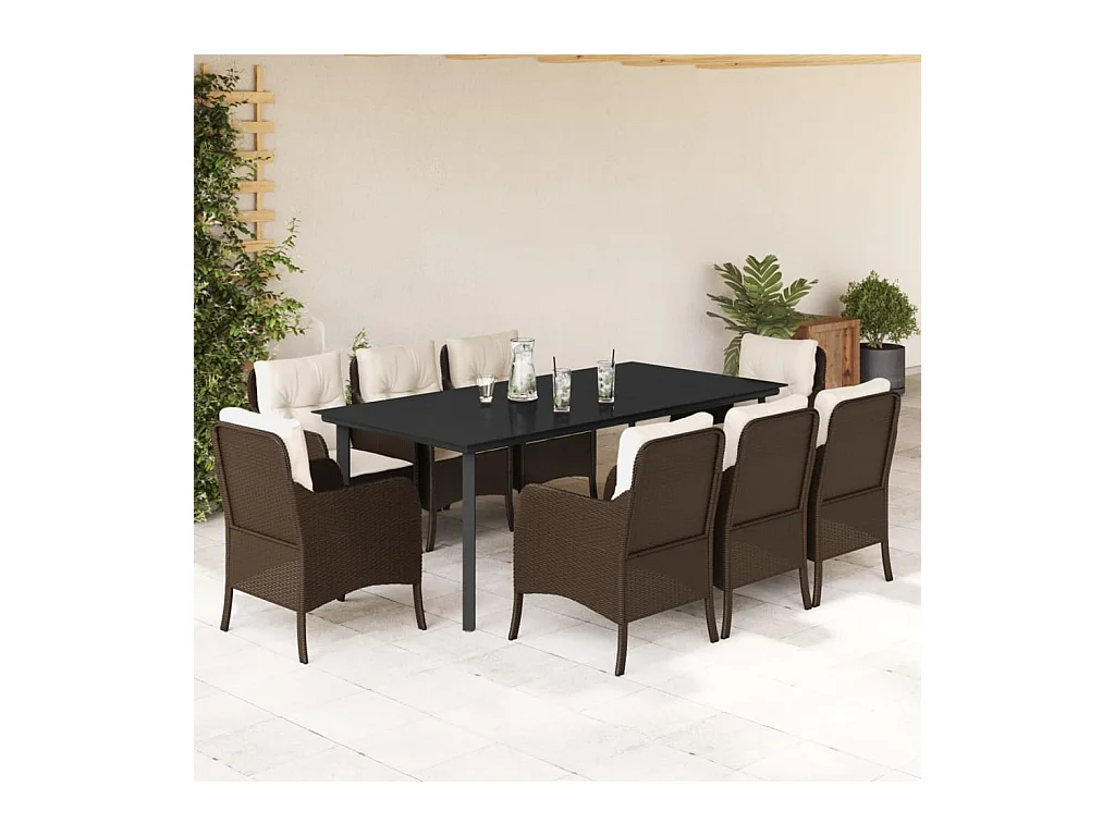Ensemble à manger de jardin et coussins 9 pièces marron poly rotin