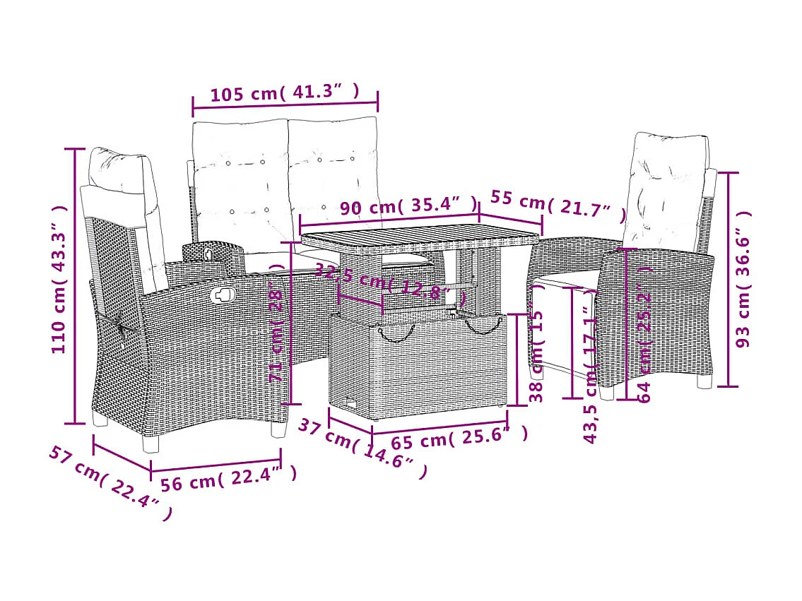 Ensemble à manger jardin 4pièces et coussins Gris Résine tressée