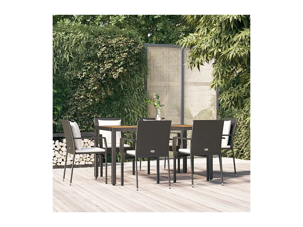 Set de comedor de jardín 7 piezas y cojines ratán sintético negro