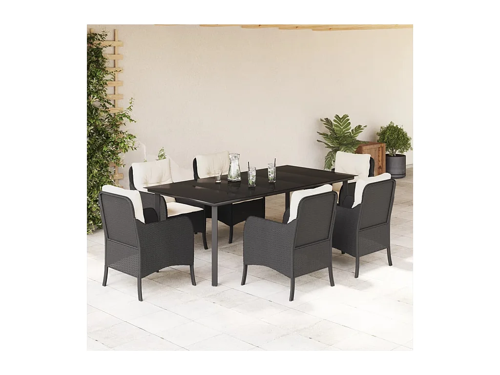 Ensemble à manger de jardin coussins 7 pièces Noir Résine tressée