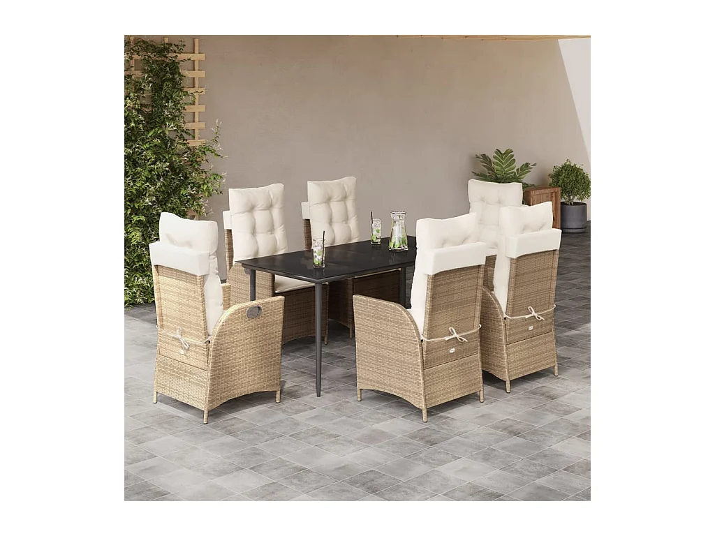 Ensemble à manger de jardin et coussins 7 pièces beige poly rotin