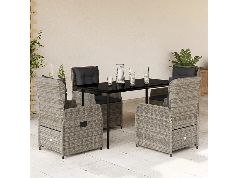 Ensemble à manger de jardin 5 pièces coussins gris résine tressée