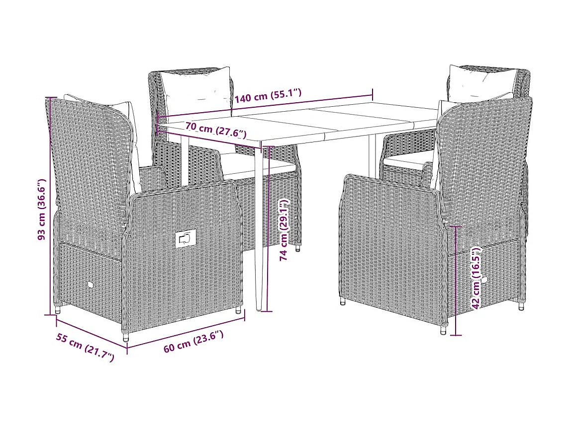 Ensemble à manger de jardin 5 pièces coussins gris résine tressée