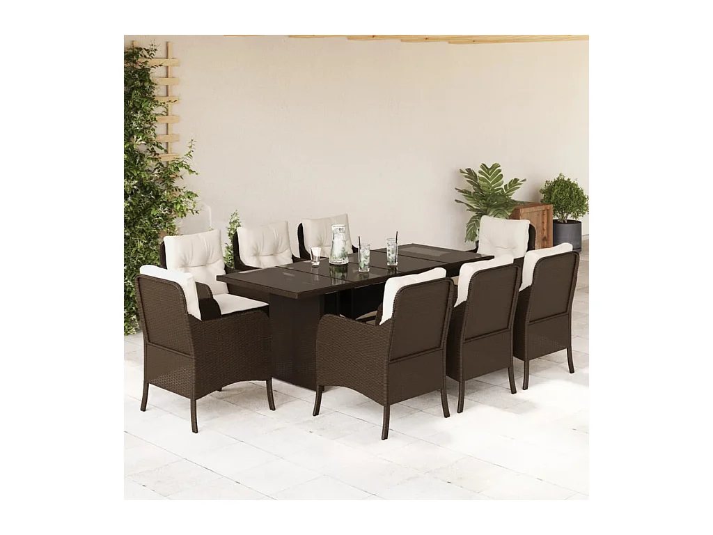Ensemble à manger de jardin et coussins 9 pièces marron poly rotin