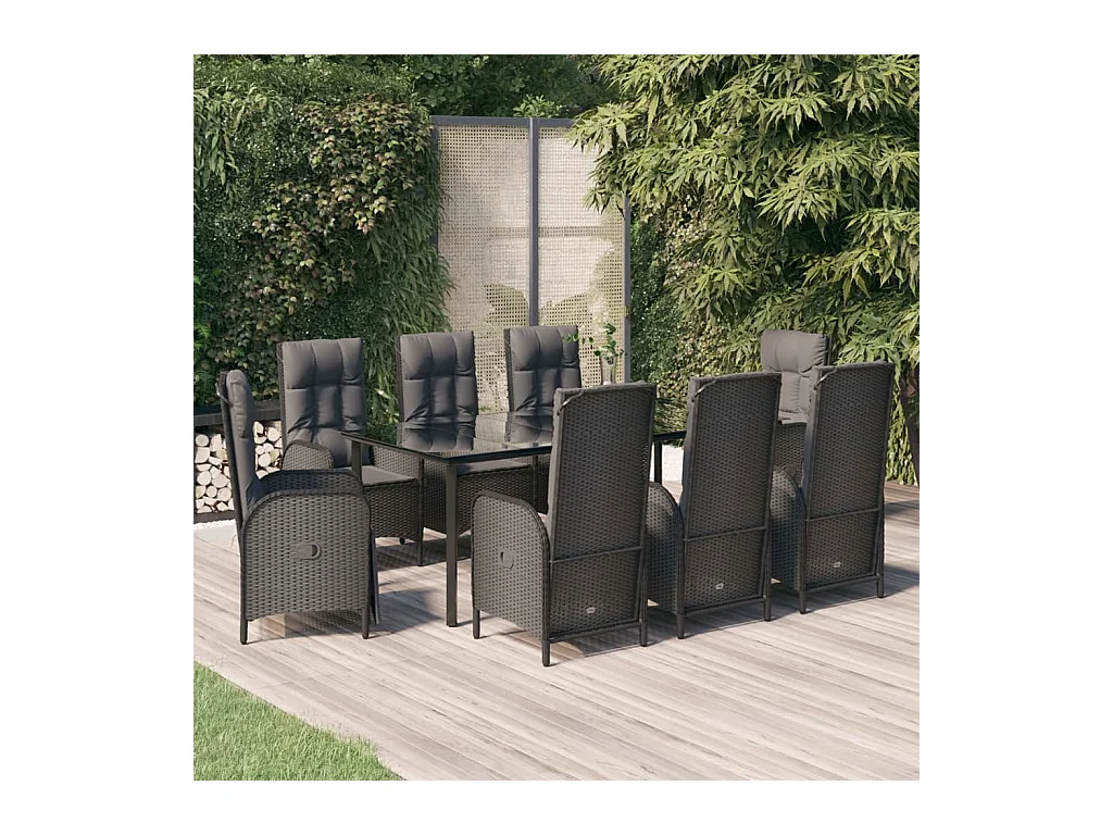 Mobilier à dîner de jardin 9 pièces et coussins noir résine tressée