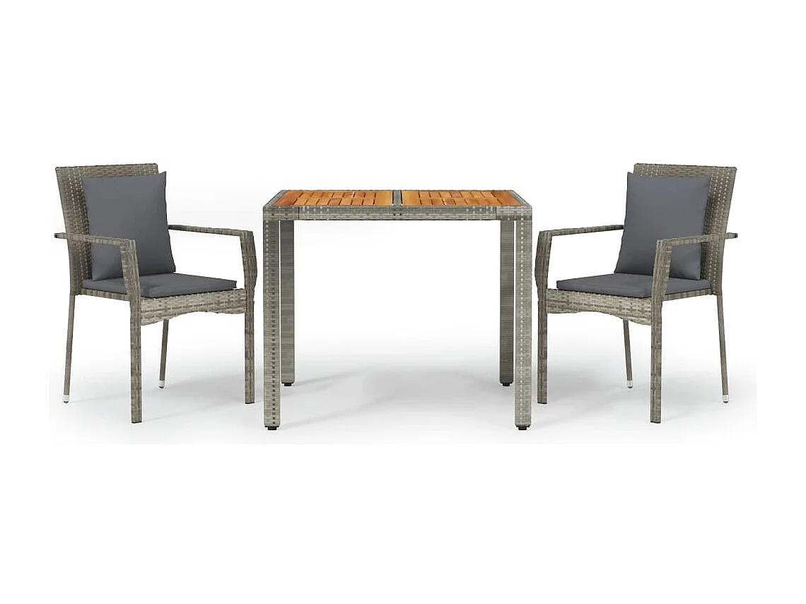 3 peças conjunto de jantar p/ jardim c/ almofadões vime PE cinza