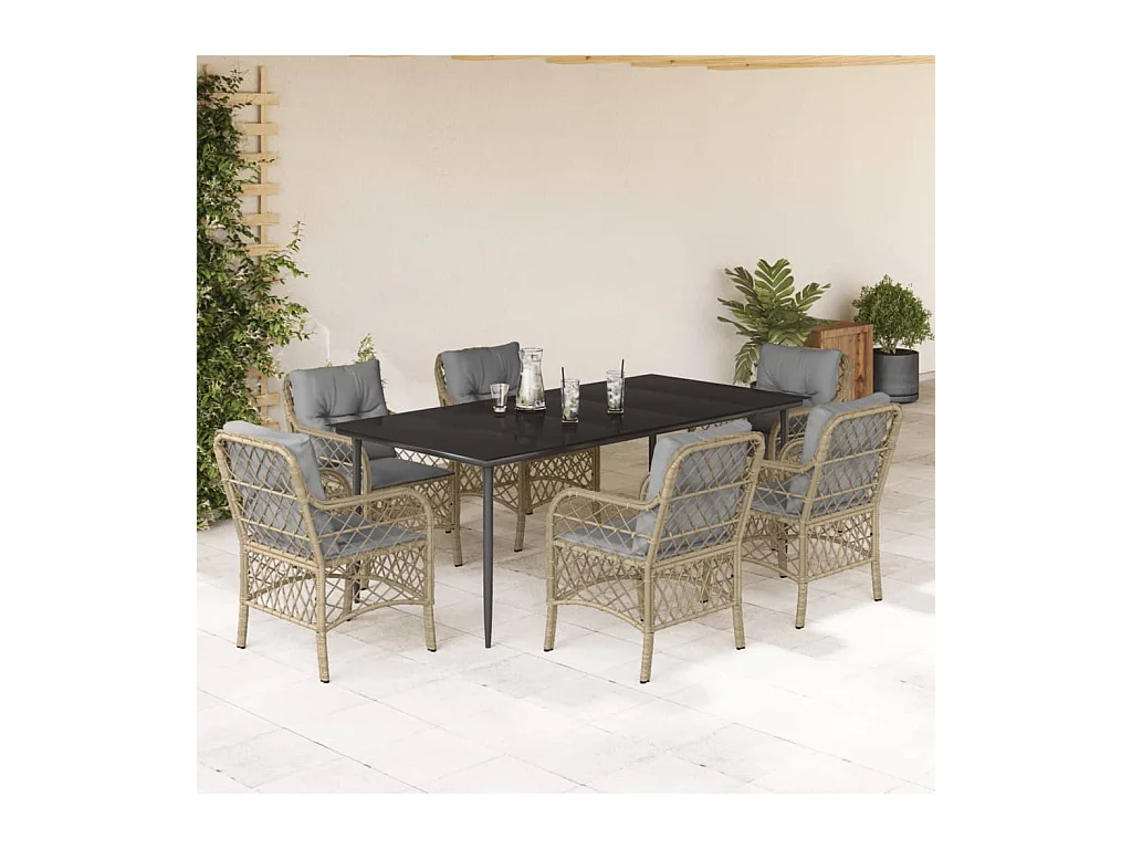 Ensemble à manger de jardin coussins 7 pièces mélange beige rotin