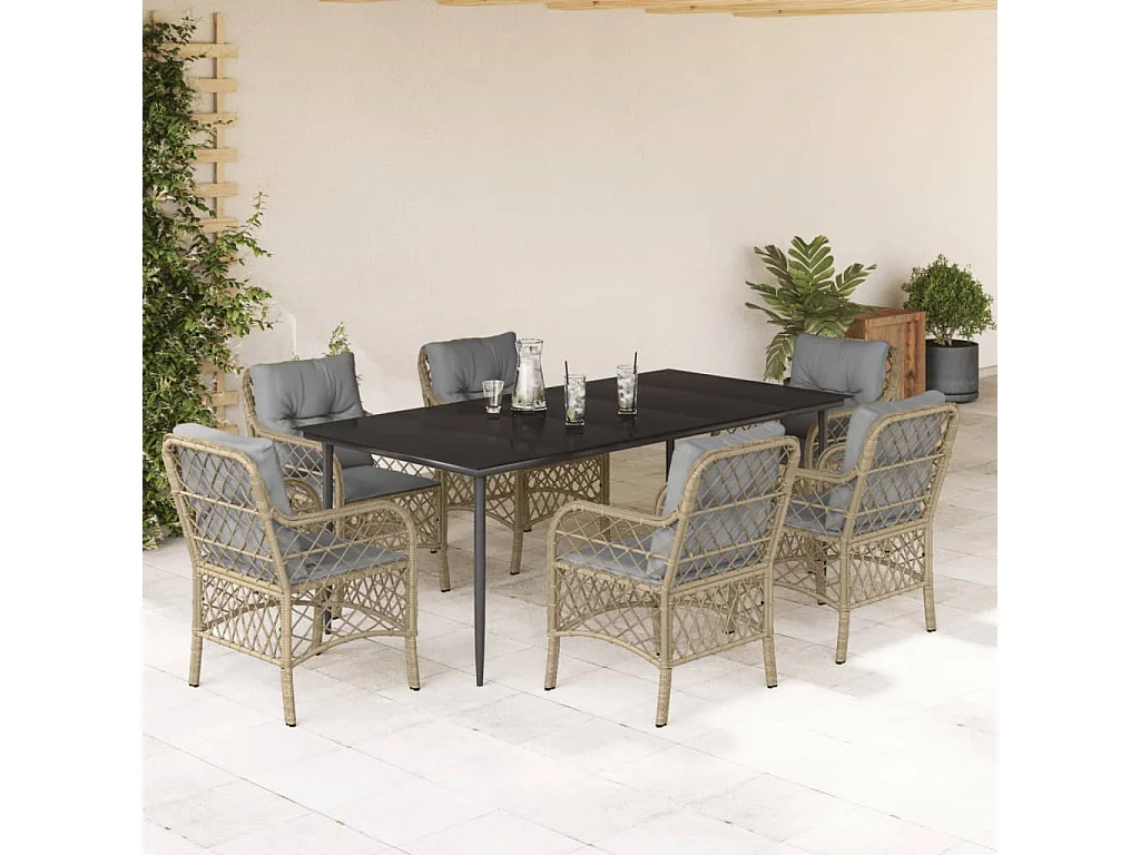 Ensemble à manger de jardin coussins 7 pièces mélange beige rotin