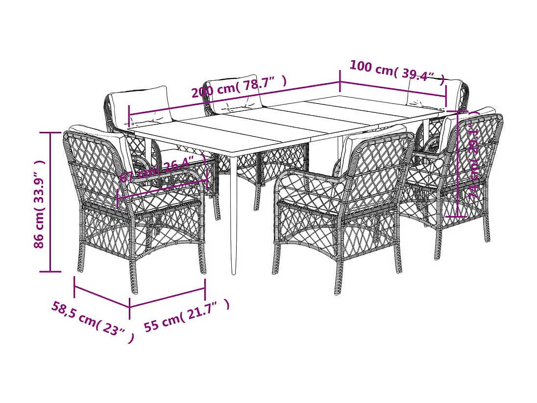Ensemble à manger de jardin coussins 7 pièces mélange beige rotin