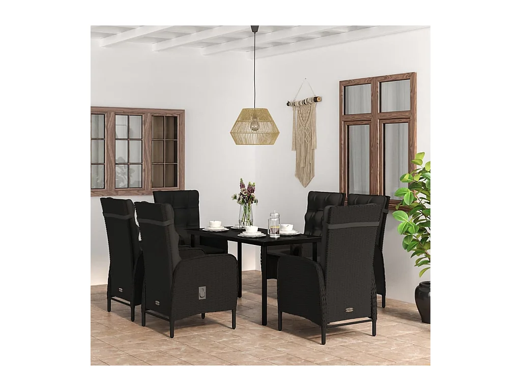 Mobilier de salle à manger de jardin avec coussins 7 pièces Noir