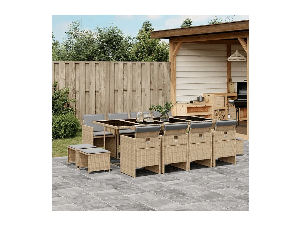 Ensemble à manger de jardin coussins 13 pièces mélange beige rotin