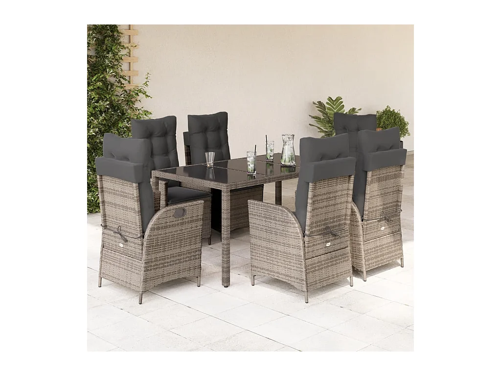 Ensemble à manger de jardin et coussins 7 pièces gris rotin