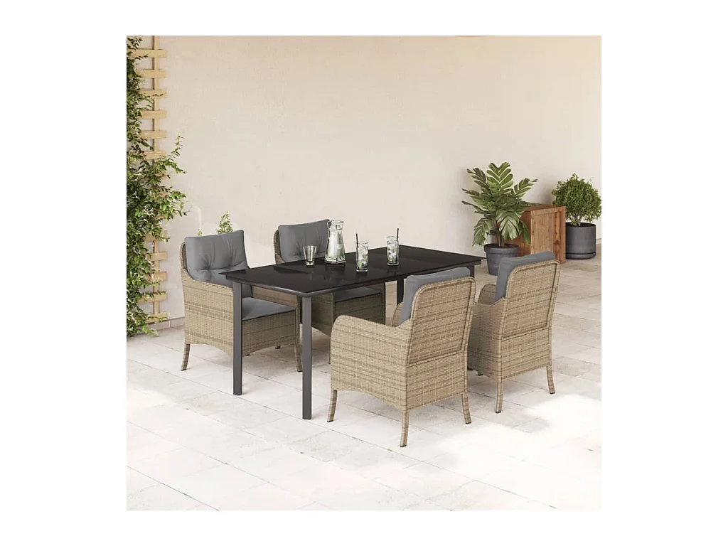 Ensemble à manger de jardin avec coussins 5 pièces Beige poly rotin