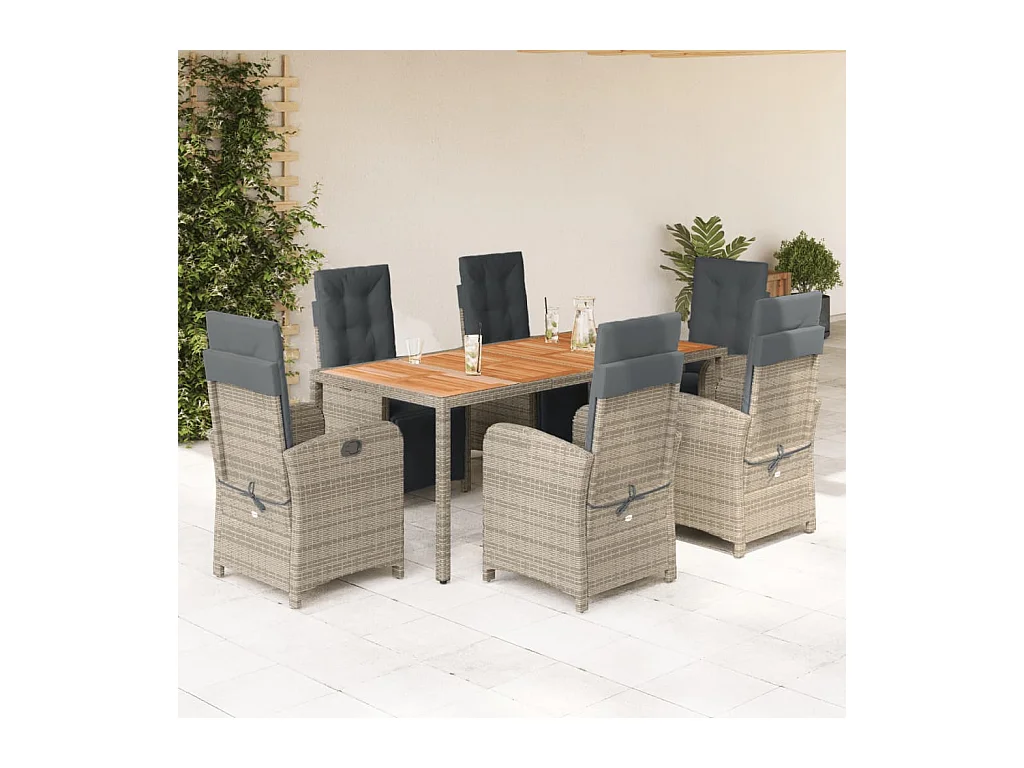 Ensemble à manger de jardin et coussins 7 pièces gris rotin