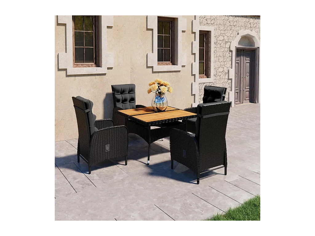 Ensemble à dîner de jardin 5 pièces Résine tressée et acacia Noir