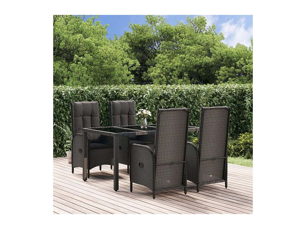 Mobilier à dîner de jardin et coussins 5 pièces Noir Résine tressée