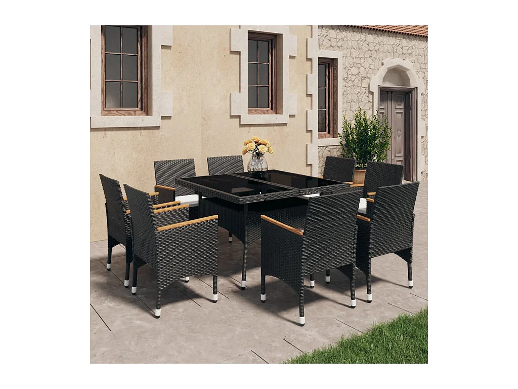 Ensemble à dîner de jardin 9 pièces Résine tressée et acacia Noir