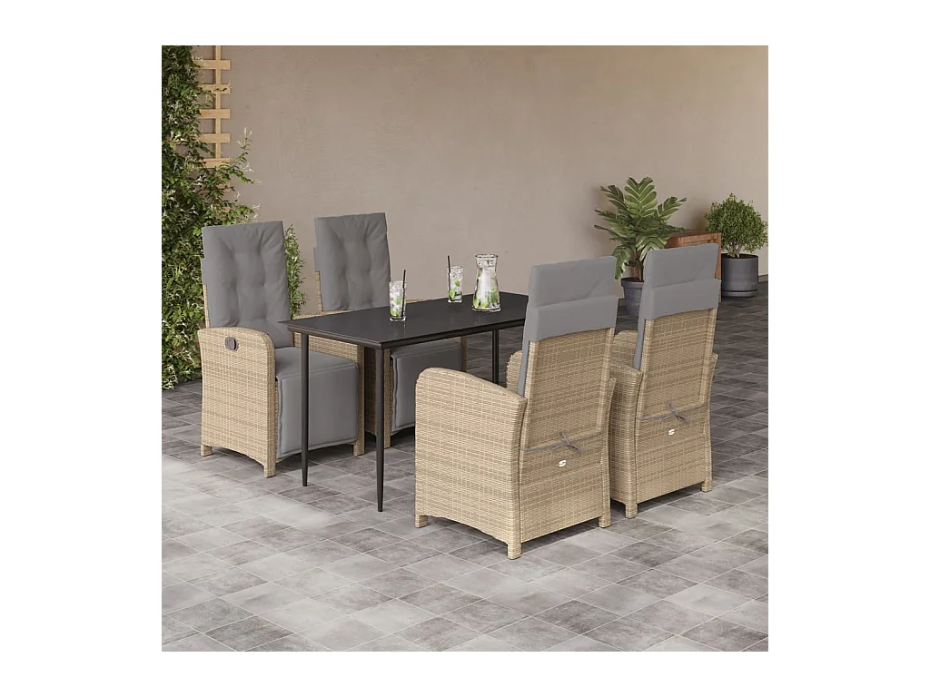 Ensemble à manger de jardin avec coussins 5 pièces Beige poly rotin