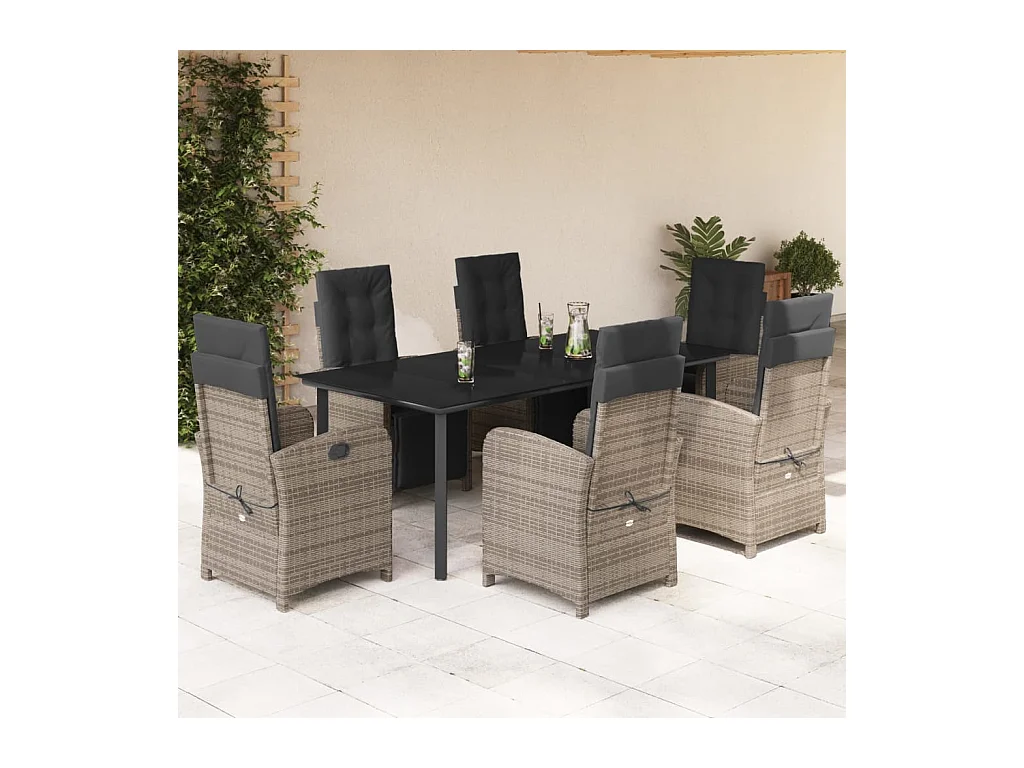 Ensemble à manger de jardin et coussins 7 pièces gris rotin