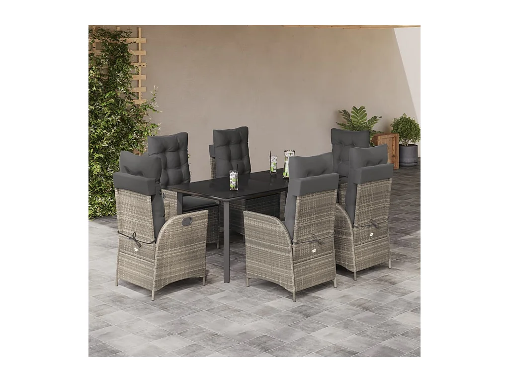 Set comedor jardín 7 piezas y cojines ratán sintético gris claro