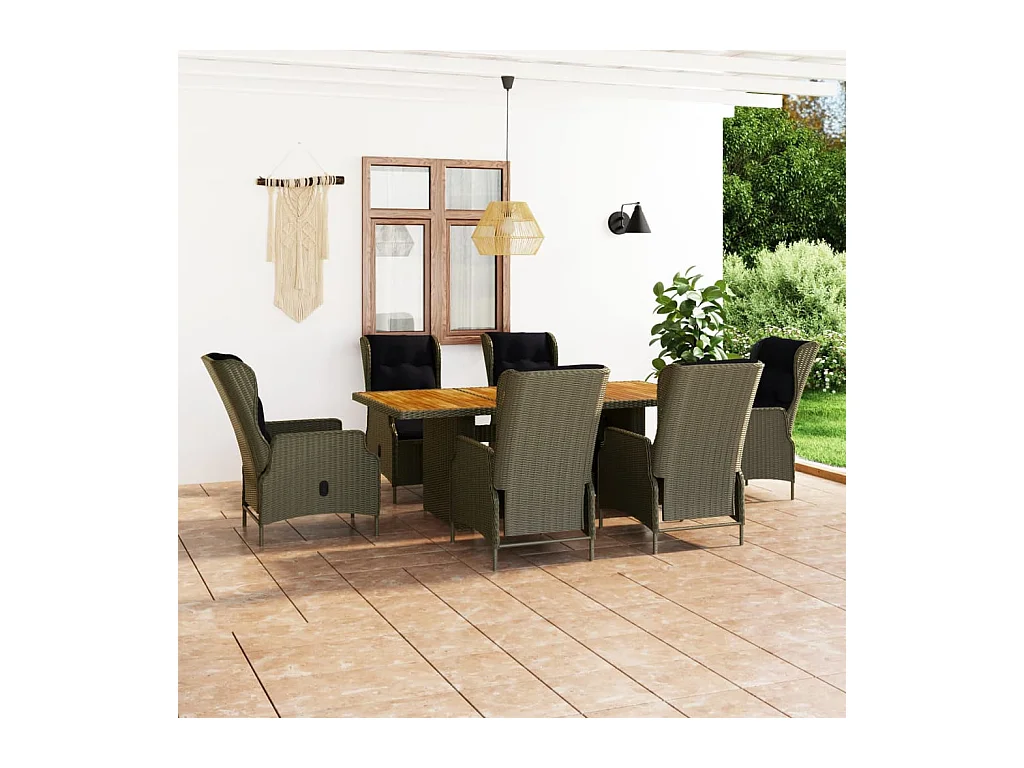 Mobilier à dîner jardin 7 pièces et coussins Résine tressée Marron