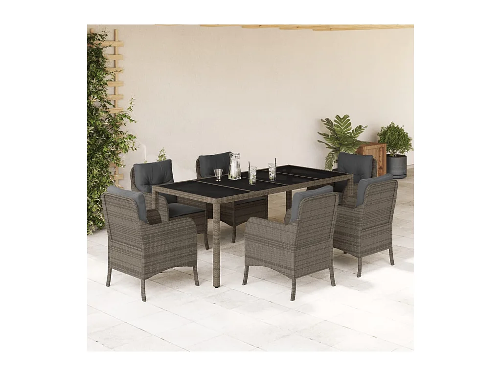Ensemble à manger de jardin et coussins 7 pièces gris rotin