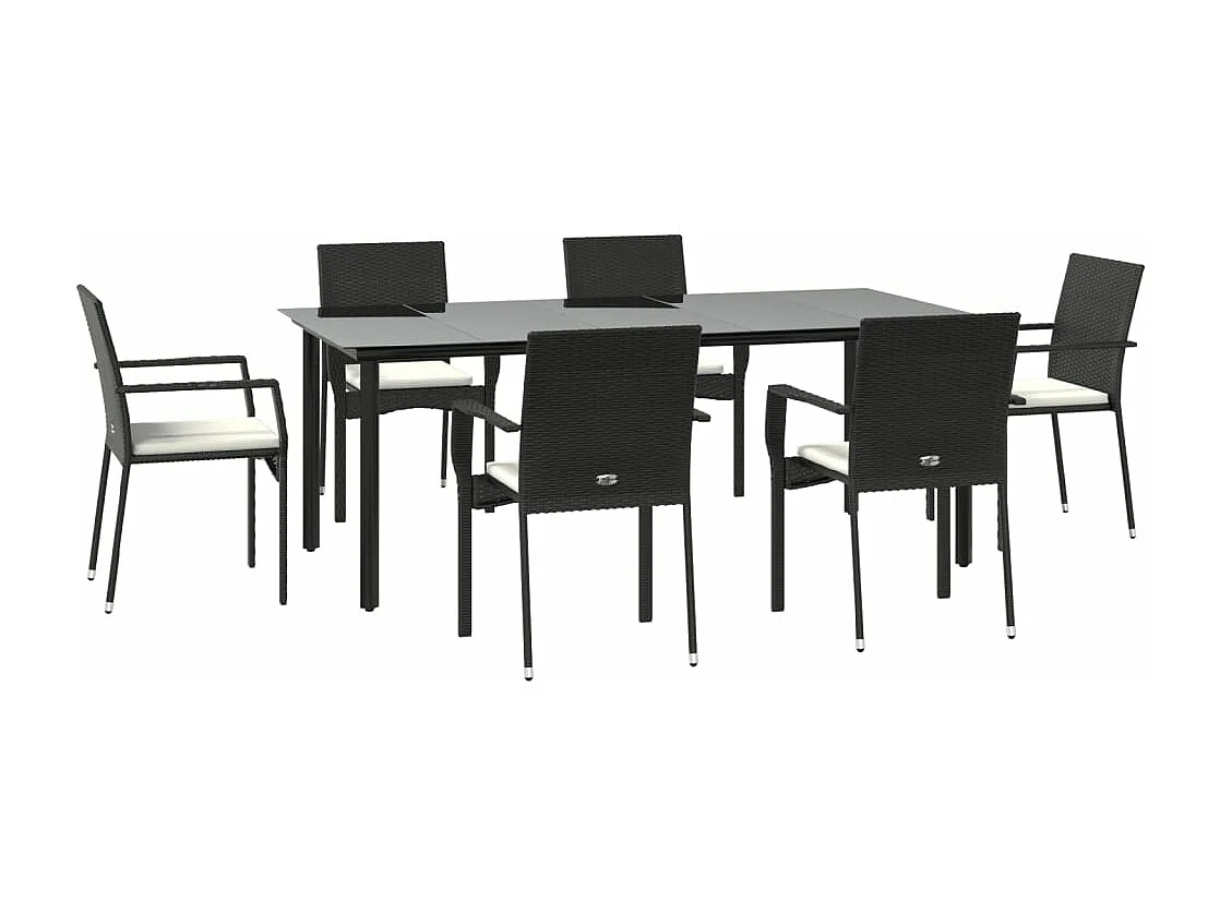 Set de comedor de jardín 7 piezas y cojines ratán sintético negro